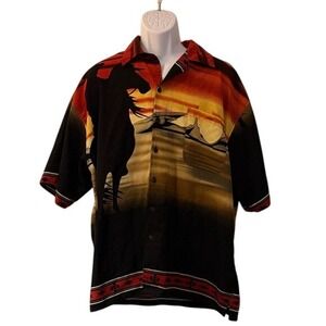 Oscar Misa Men XL Western Cowboy Horse Sunset Print Short Sleeve Button Up Shirt